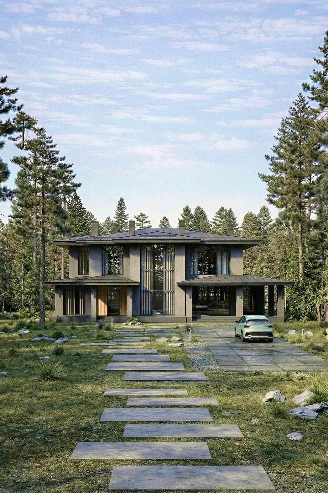 Проект двухэтажного дома 291 м² в современной классике с вальмовой кровлей и вторым светом
