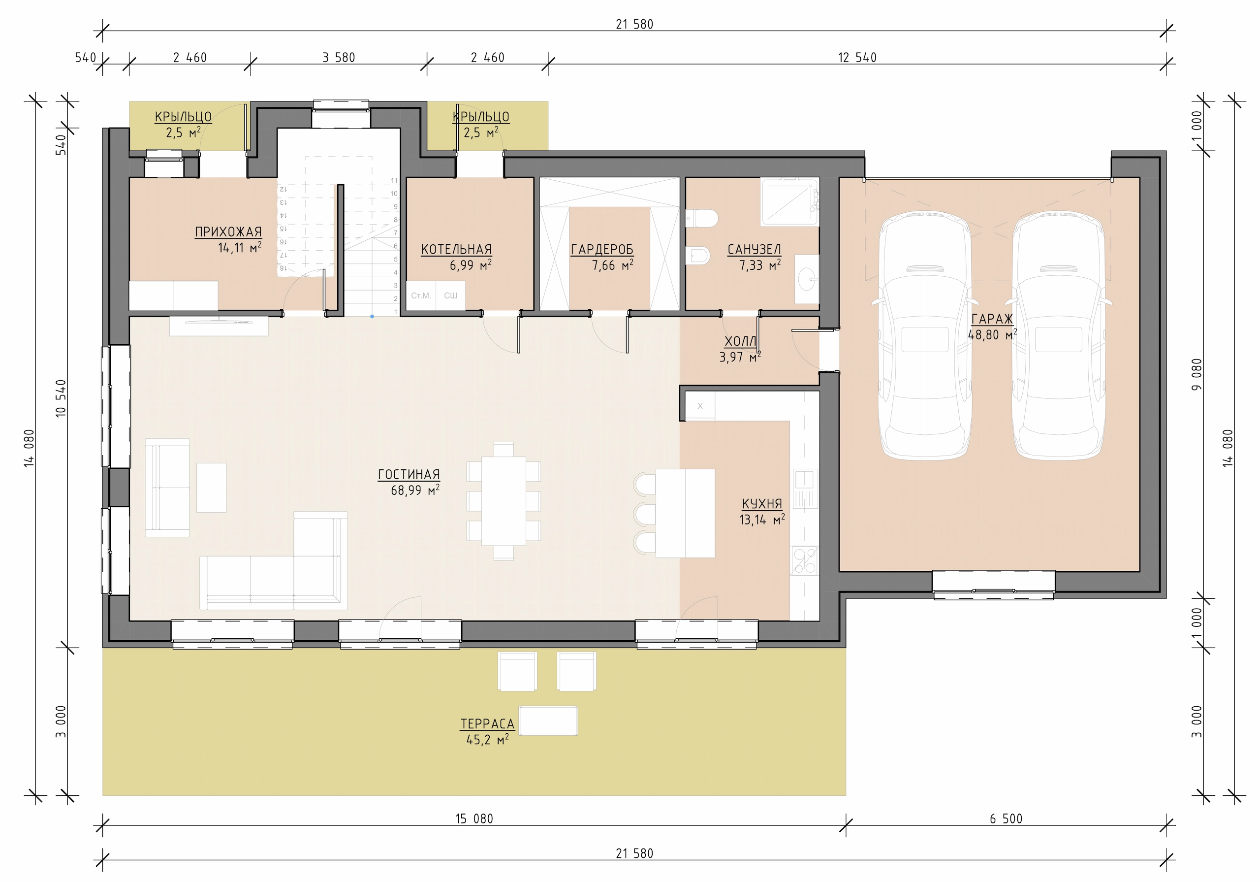 Планировка первого этажа дома 429 м² с гаражом, кухней-гостиной, террасой и мастер-зоной
