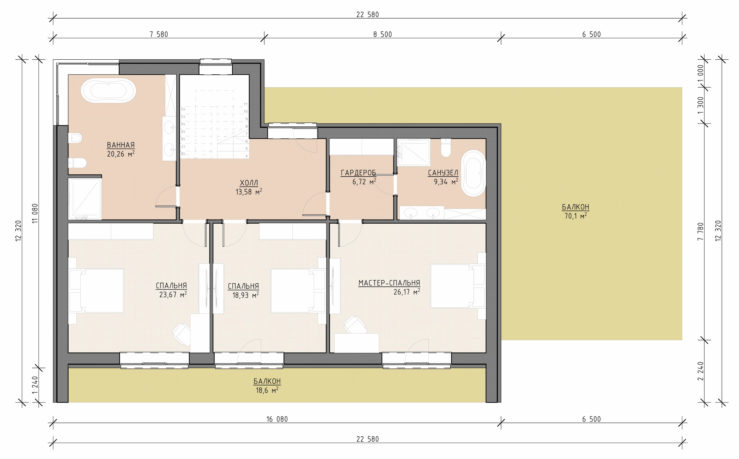 Планировка второго этажа дома 429 м² со спальнями, санузлами, гардеробными и лоджией