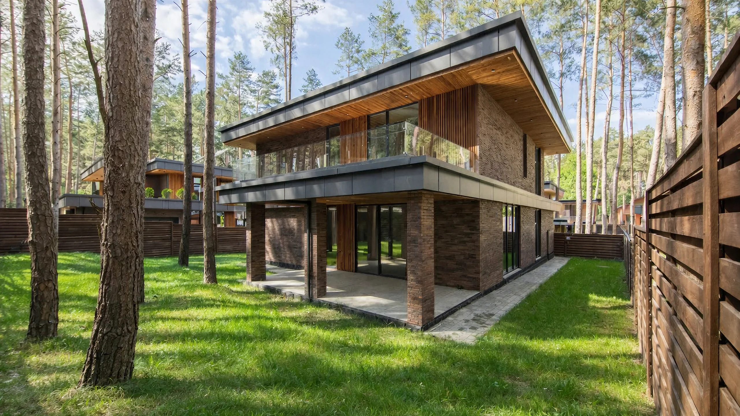 Дворовый фасад двухэтажного дома 264 м² с крытой террасой, деревянной подшивкой и панорамными окнами