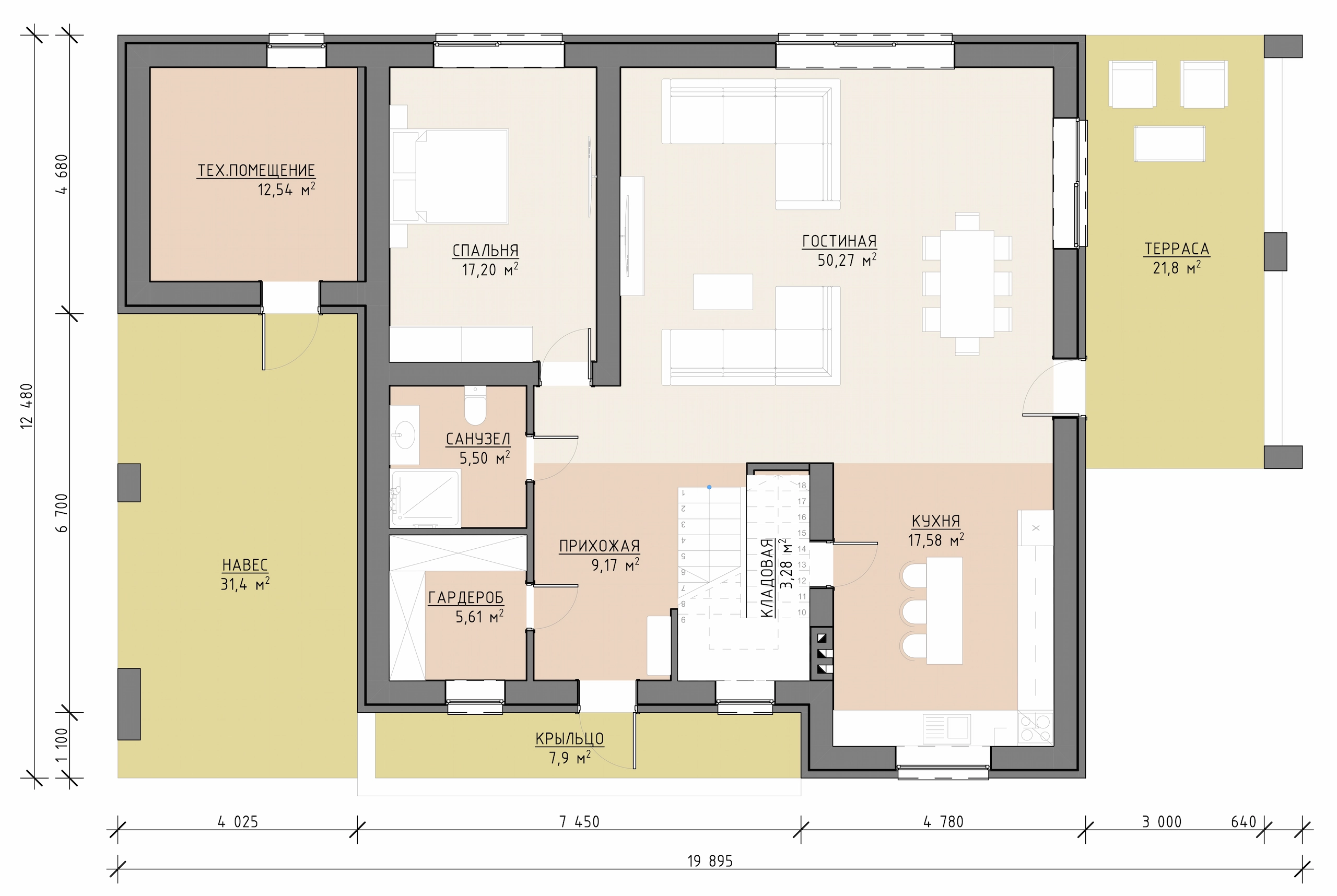 Планировка первого этажа дома 264 м² с кухней-гостиной, террасой, санузлом и техническими помещениями
