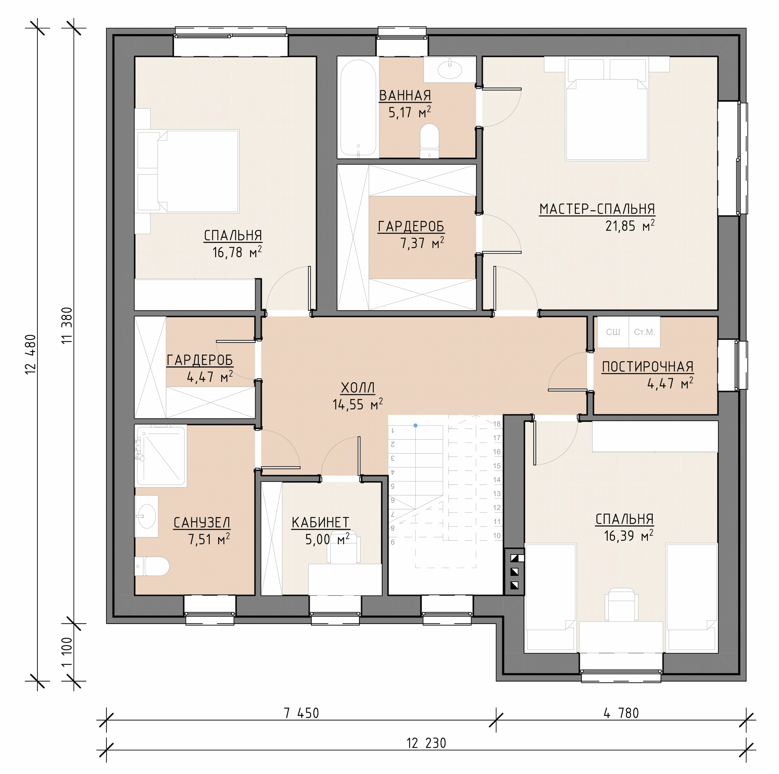 Планировка второго этажа дома 264 м² с тремя спальнями, санузлами и балконом