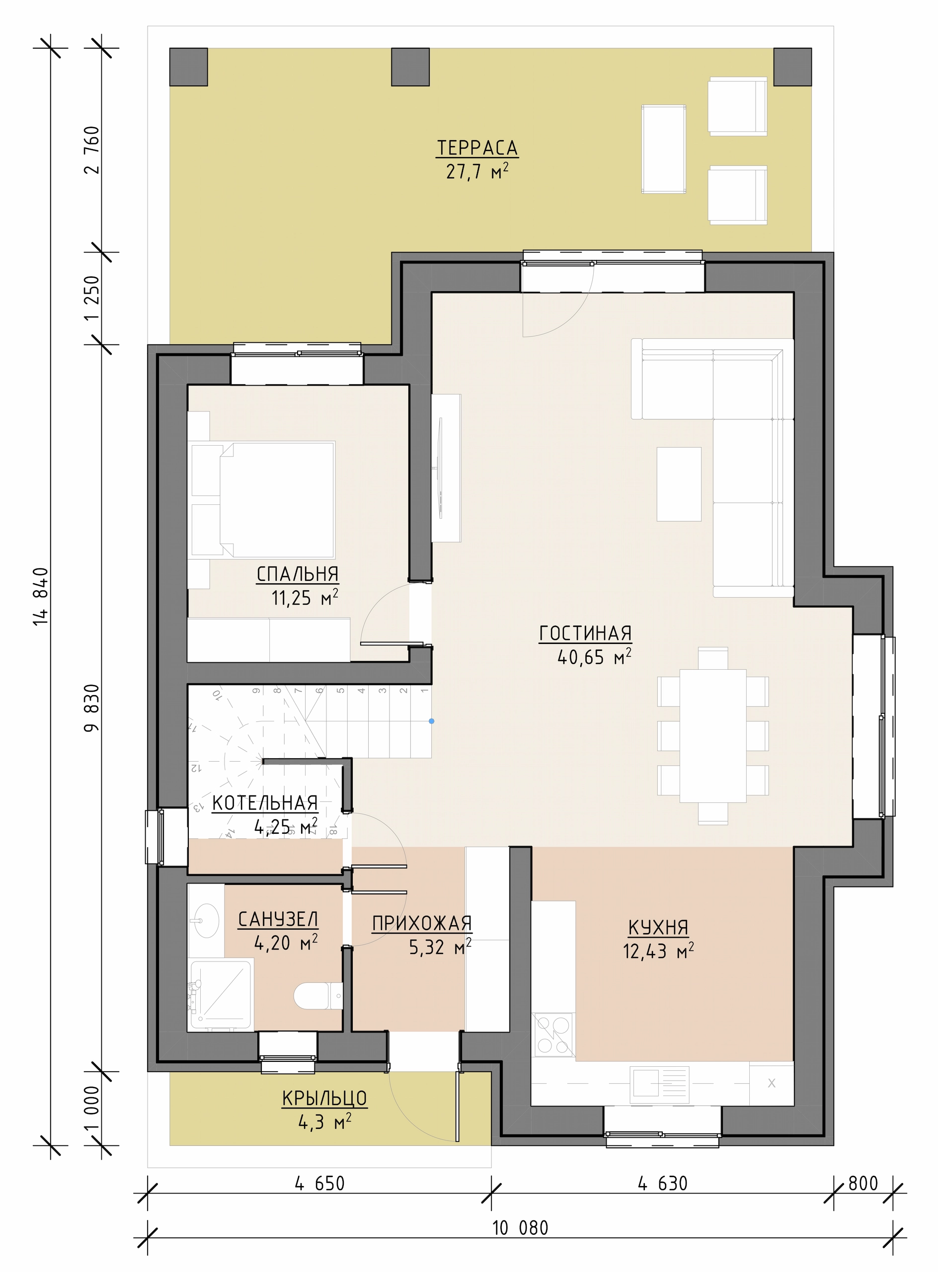 Планировка первого этажа дома 185 м² с кухней-гостиной, спальней, санузлом и террасой