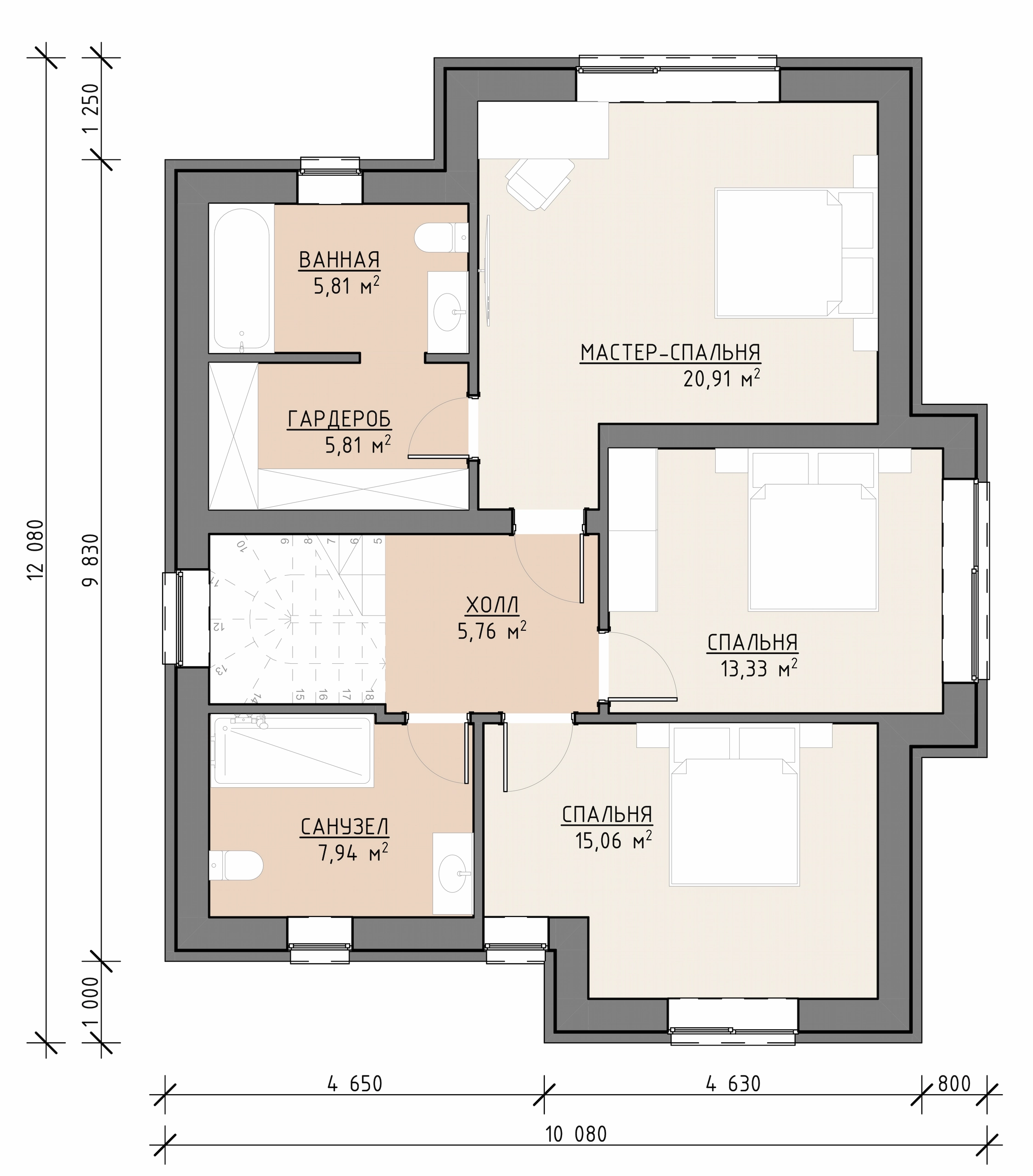 Планировка второго этажа дома 185 м² со спальнями, санузлом и гардеробными