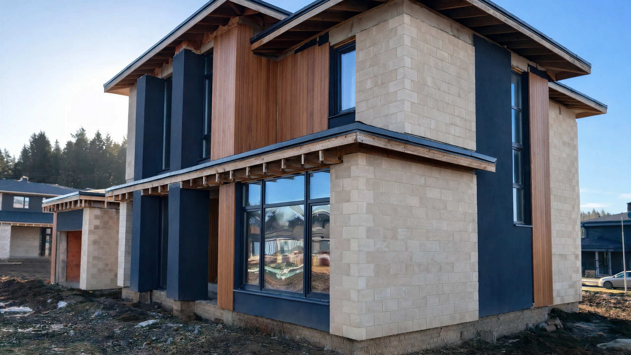 Боковой фасад двухэтажного дома 278 м² с вертикальными темными панелями, деревом и светлой облицовкой