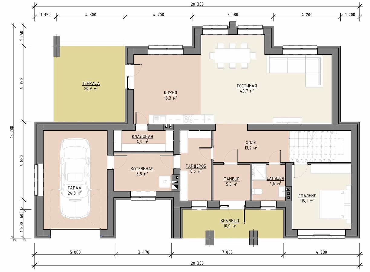 Планировка первого этажа дома 278 м² с кухней-гостиной, кабинетом, санузлом и террасой