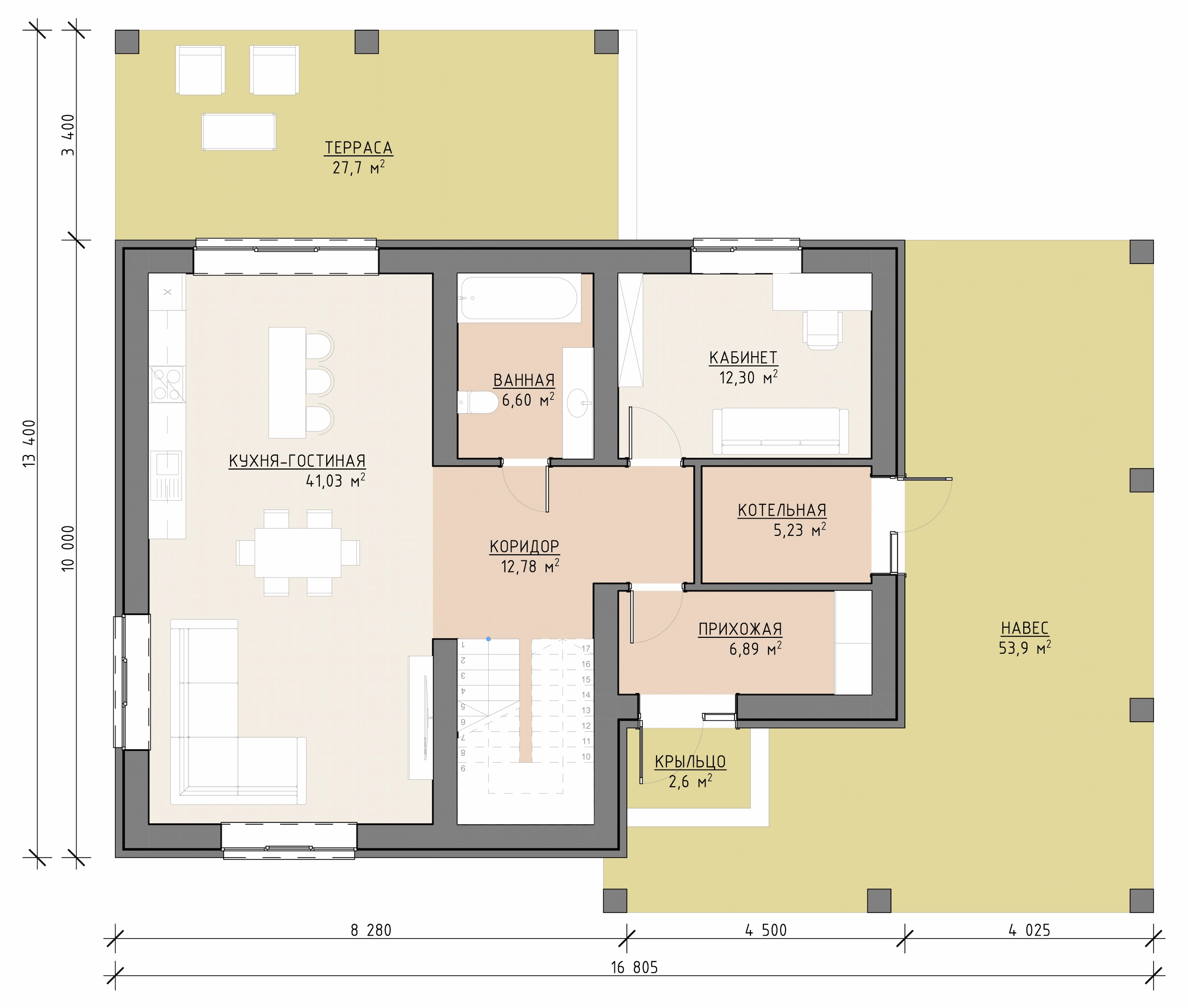 Планировка первого этажа дома 250 м² с кухней-гостиной, санузлом и крытой террасой