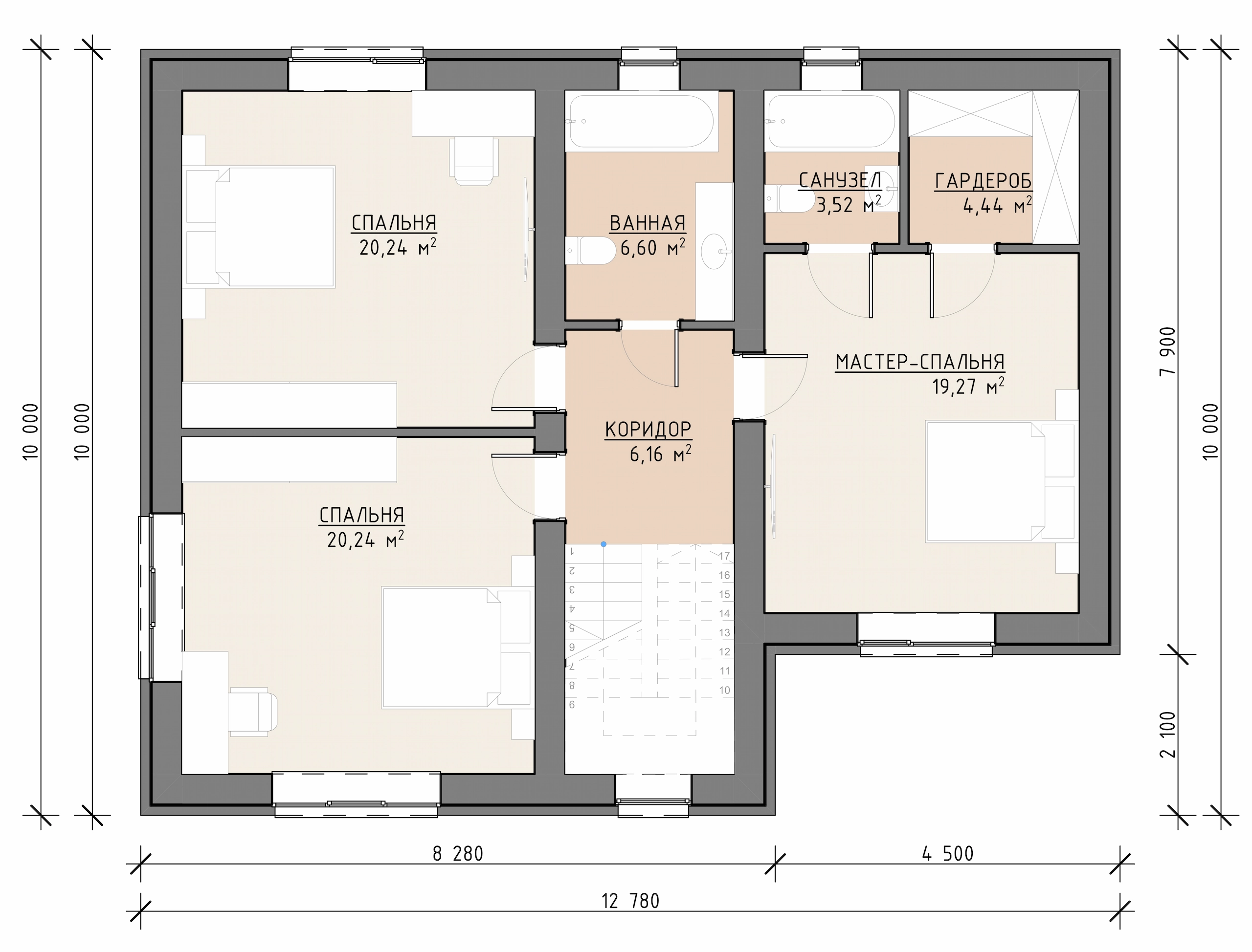 Планировка второго этажа дома 250 м² со спальнями, санузлами и гардеробными