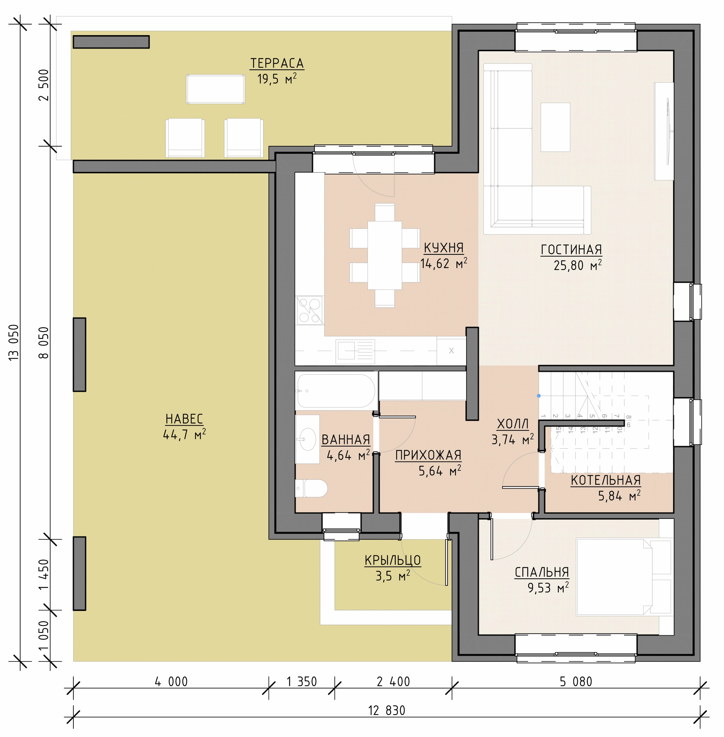 Планировка первого этажа дома 202 м² с кухней-гостиной, террасой, санузлом и гаражной зоной