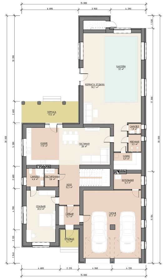 Планировка первого этажа дома 382 м² с гаражом на две машины, кухней-гостиной и террасой