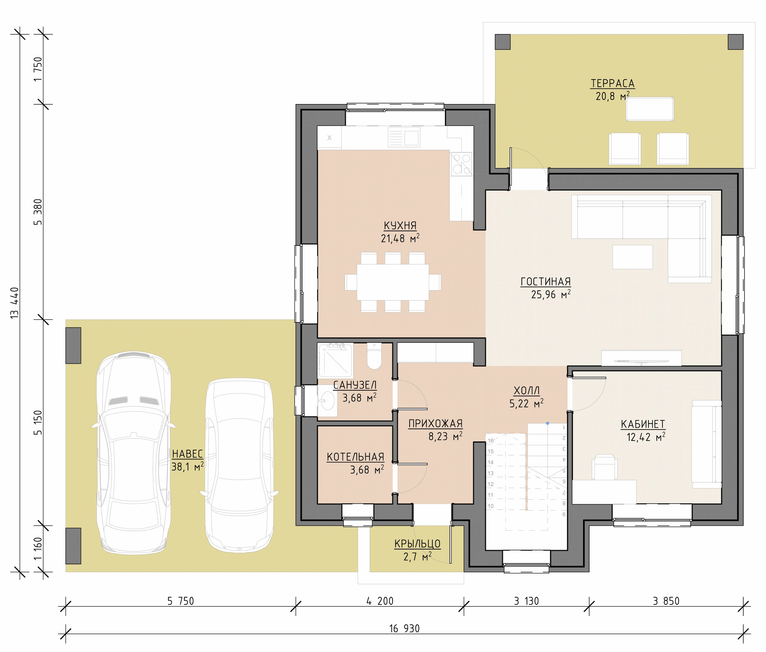Планировка первого этажа дома 240 м² с кухней-гостиной, террасой, санузлом и техническими помещениями
