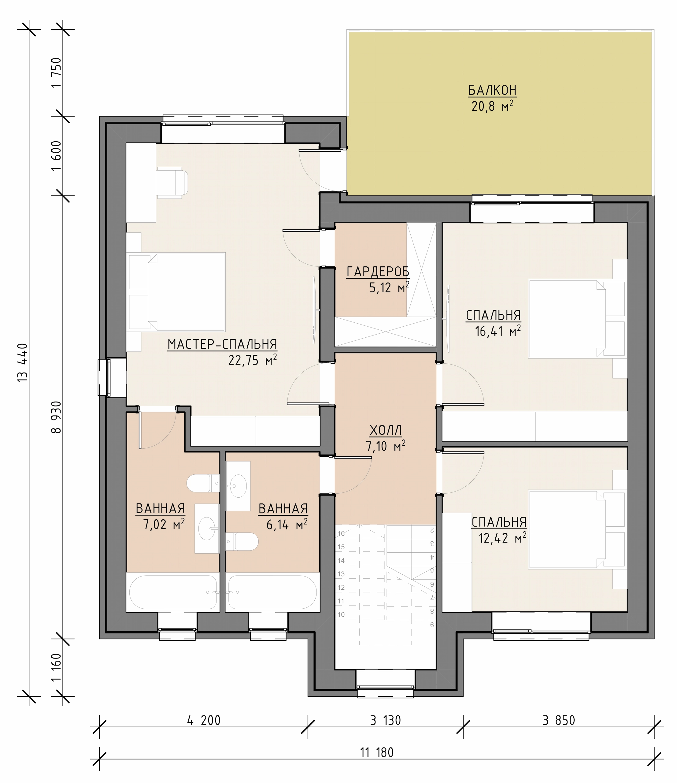 Планировка второго этажа дома 240 м² со спальнями, санузлами и балконом