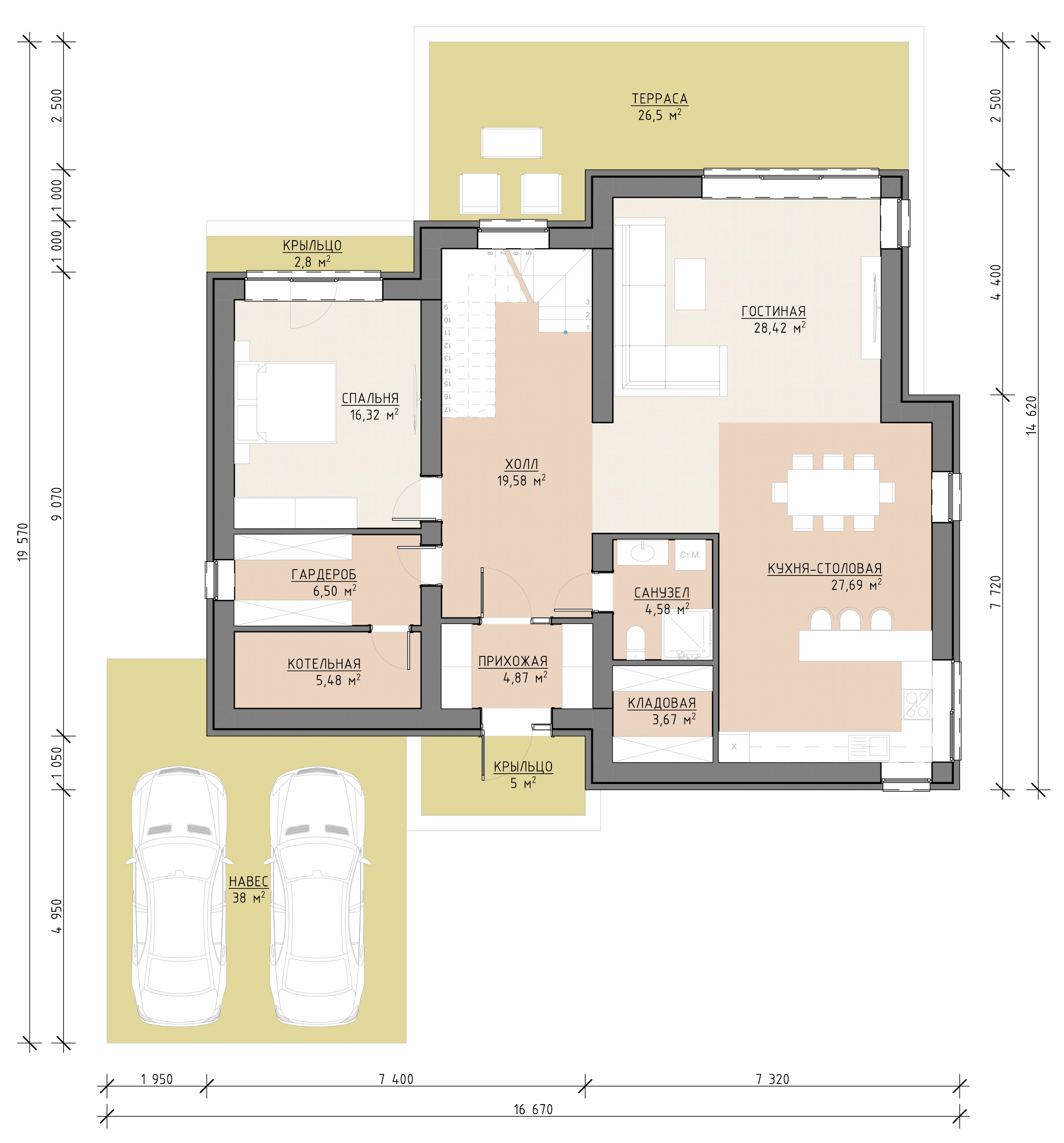 Планировка первого этажа дома 292 м² с террасой, навесом для двух машин и кухней-столовой