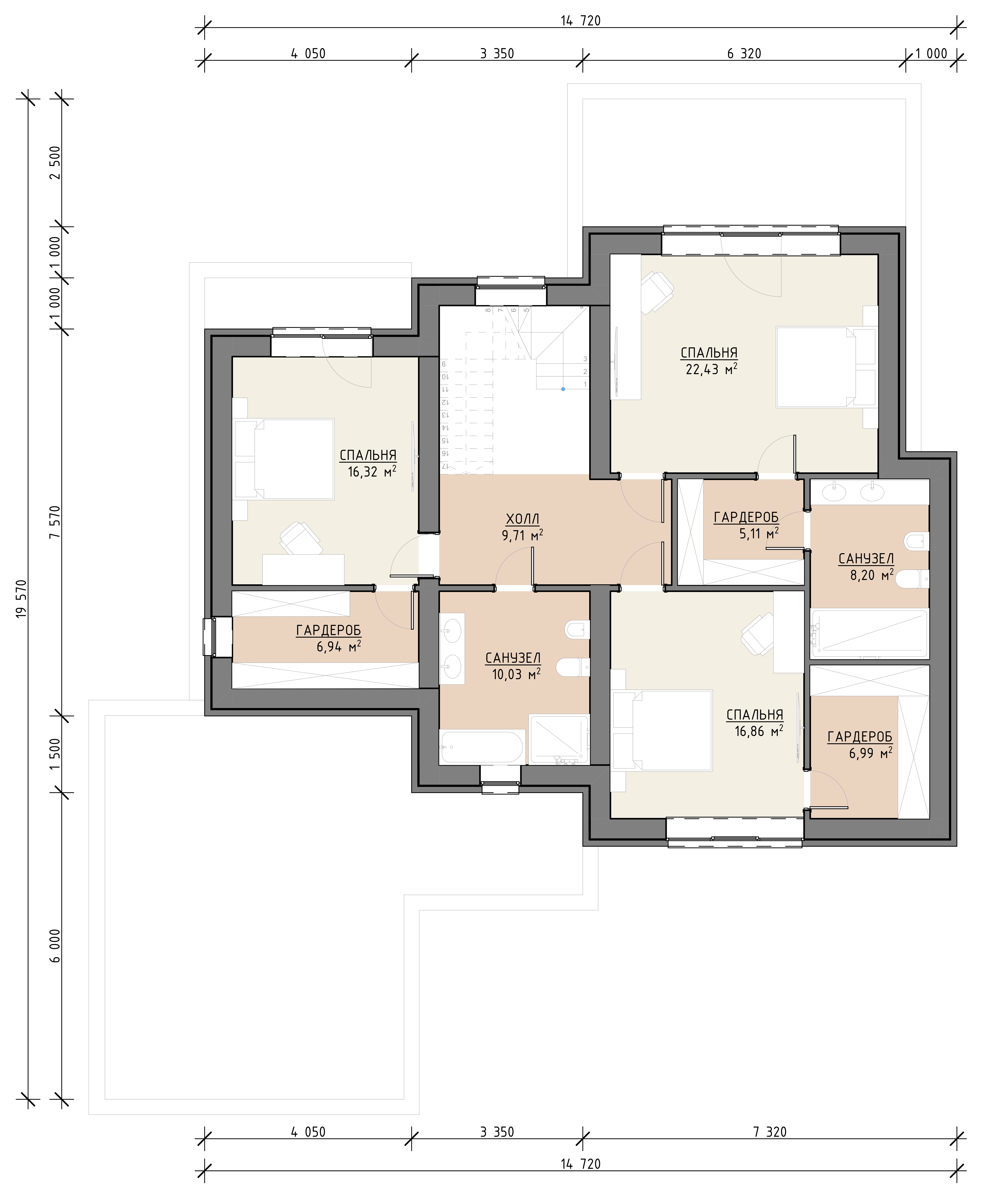 Планировка второго этажа дома 292 м² со спальнями, гардеробными и санузлами
