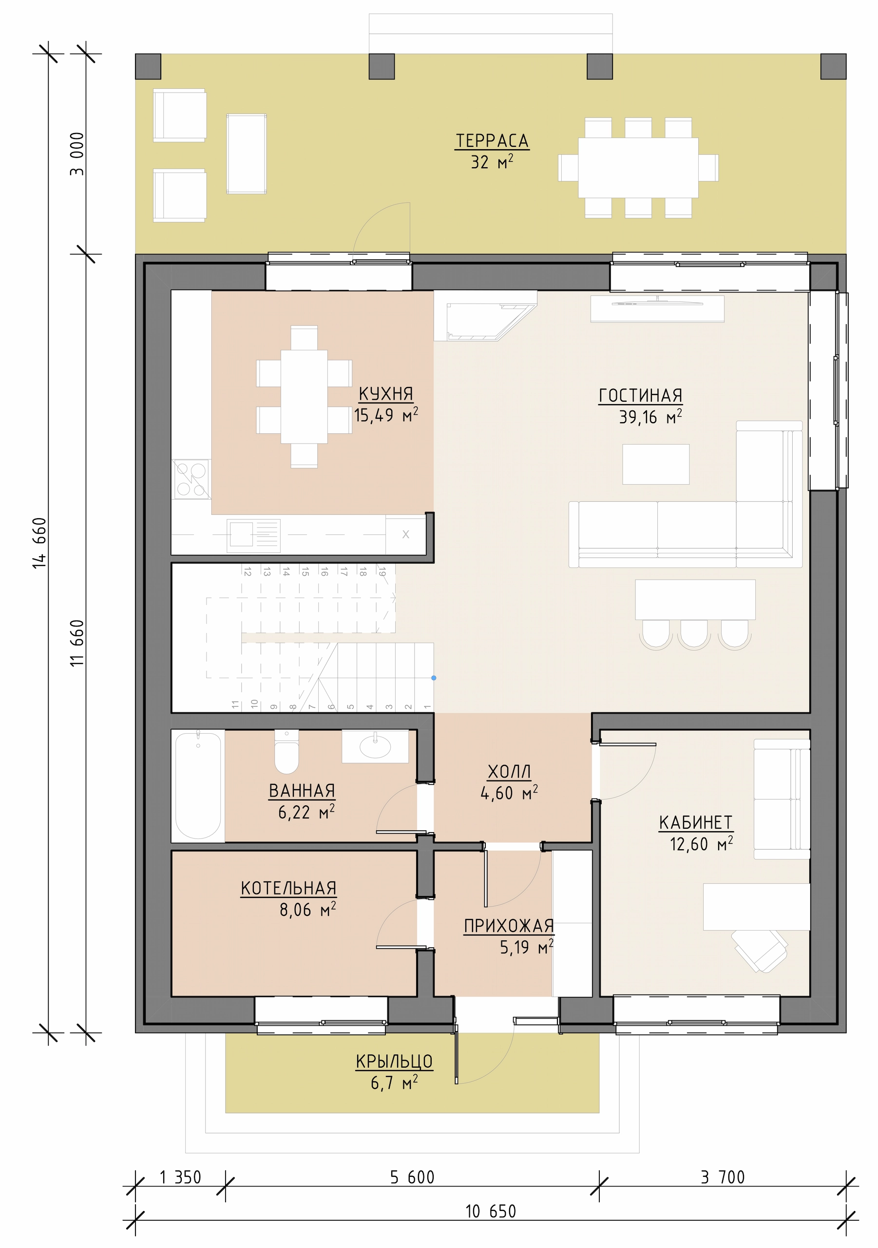 Планировка первого этажа дома 267 м² с кухней-гостиной, террасой, санузлом и кабинетом