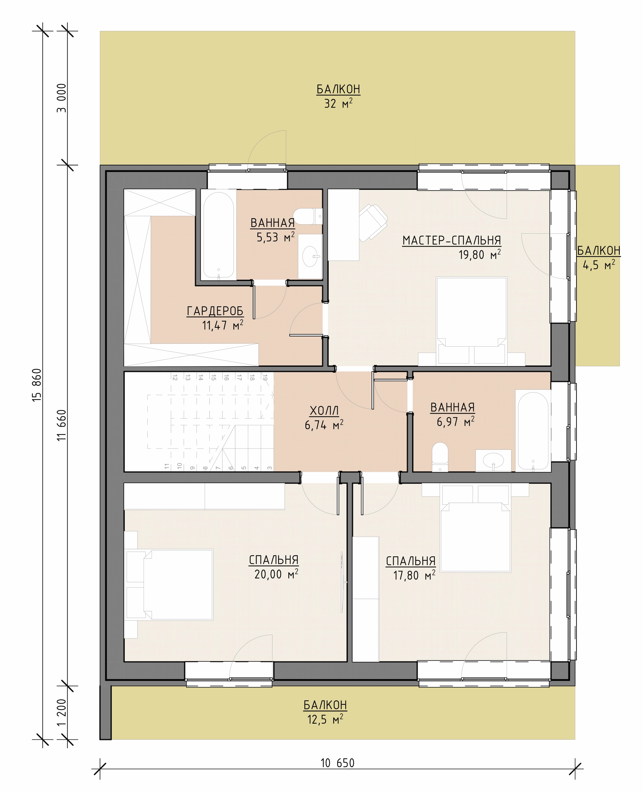 Планировка второго этажа дома 267 м² со спальнями, санузлами и балконом