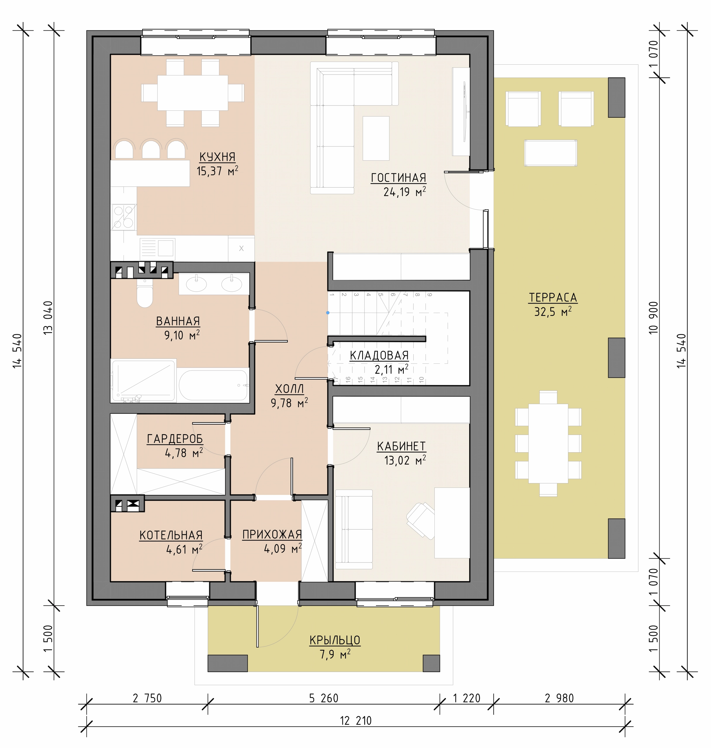 Планировка первого этажа дома 253 м² с кухней-гостиной, террасой и санузлом