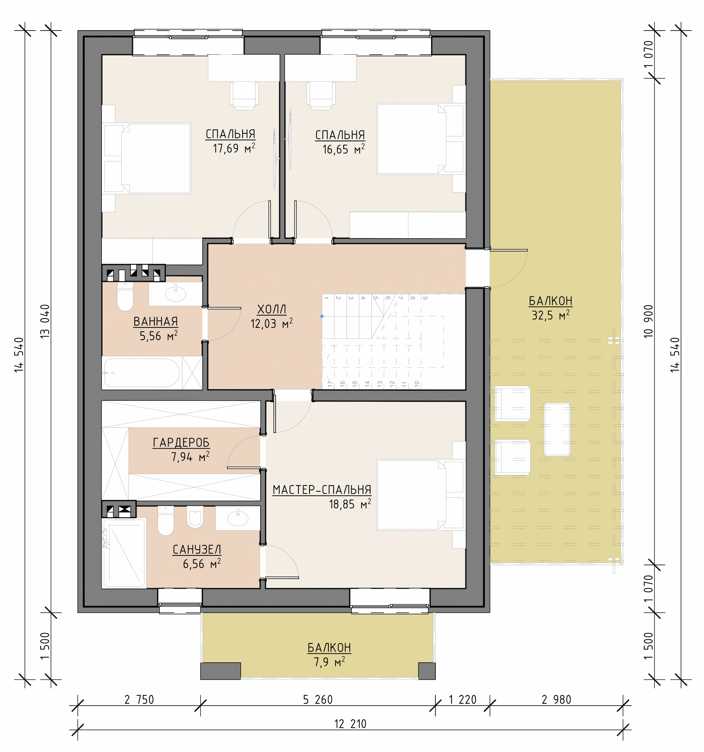 Планировка второго этажа дома 253 м² со спальнями, санузлами и балконом