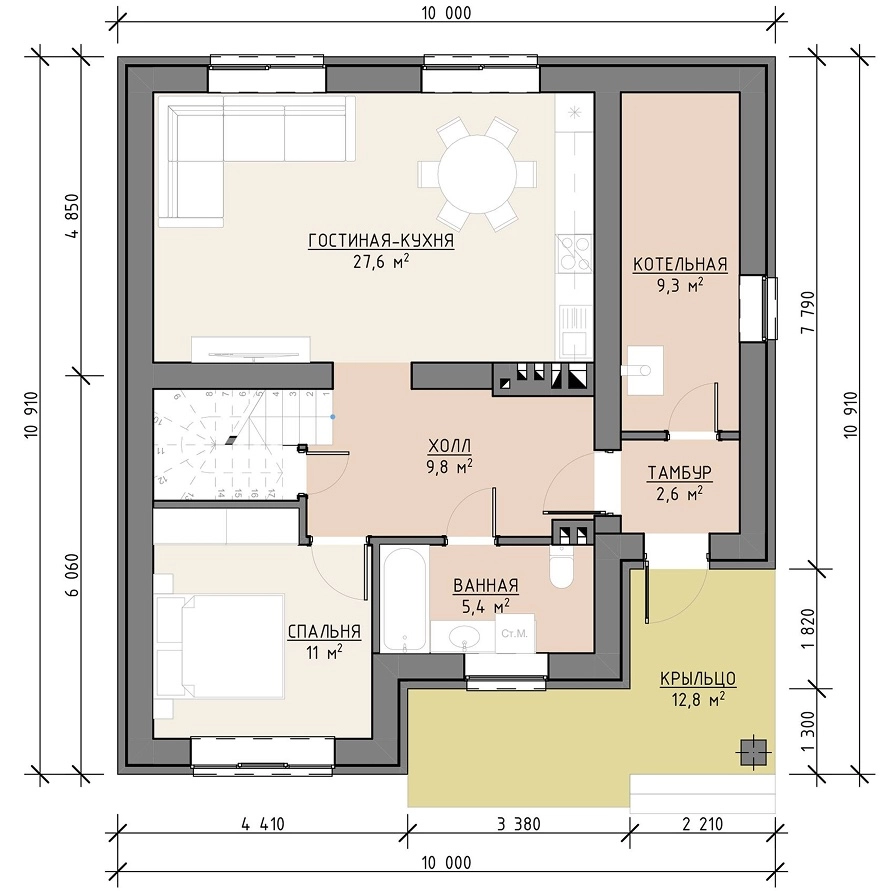 Планировка первого этажа дома 132 м² с кухней-гостиной, санузлом и кабинетом