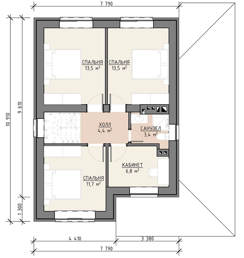 Планировка второго этажа дома 132 м² со спальнями и санузлом