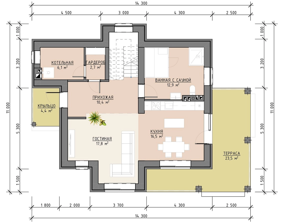 Планировка первого этажа дома 155 м² с кухней-гостиной, сауной, санузлом и террасой