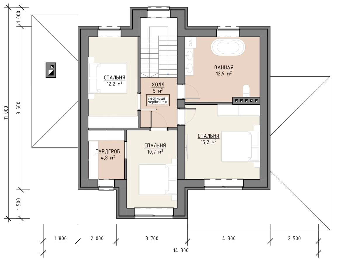 Планировка второго этажа дома 155 м² со спальнями и санузлом