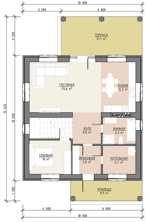 Планировка первого этажа дома 179 м² с кухней-гостиной, санузлом и террасой