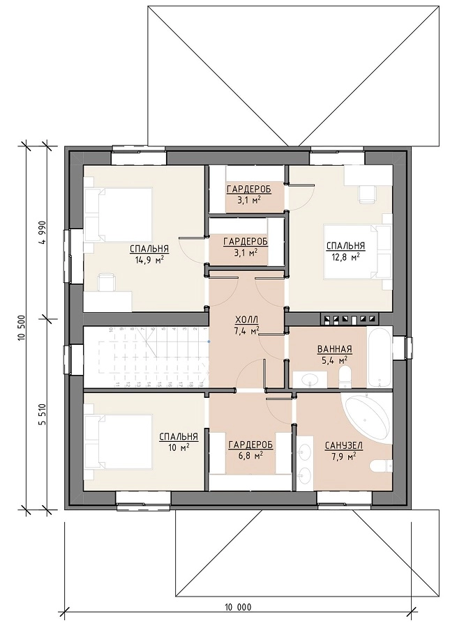 Планировка второго этажа дома 179 м² со спальнями и санузлами