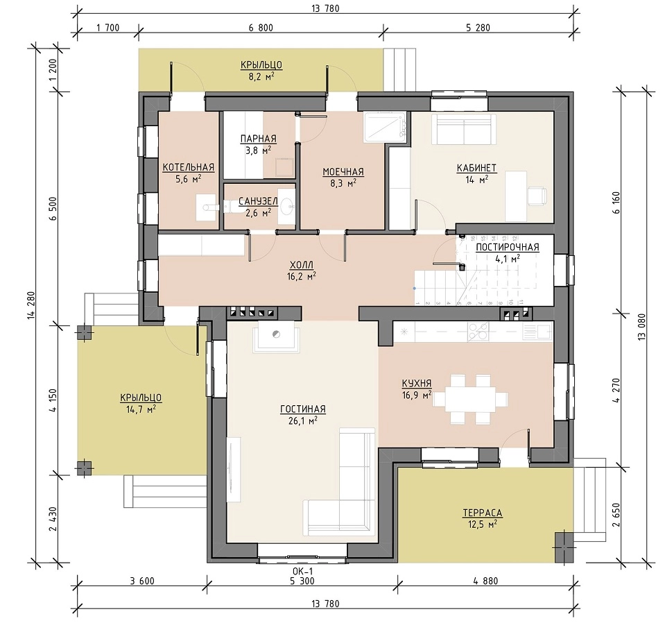 Планировка первого этажа дома 239 м² с кухней-гостиной, сауной, кабинетом и террасой