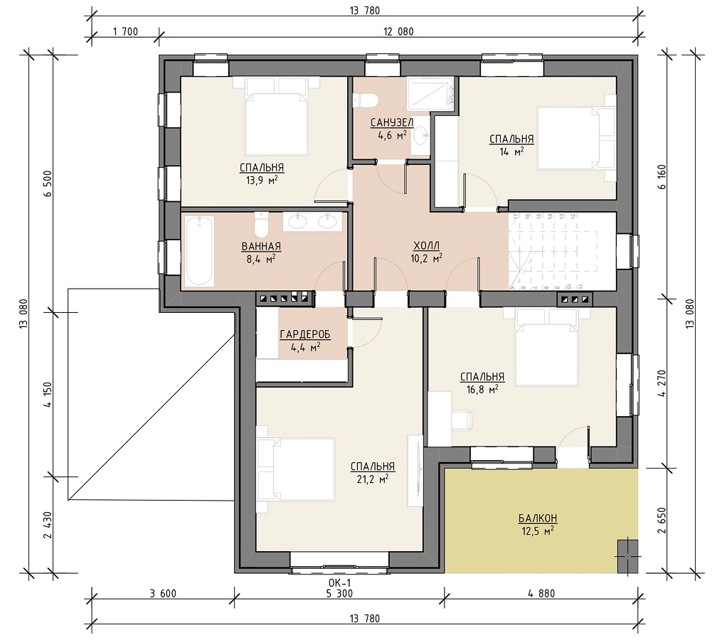 Планировка второго этажа дома 239 м² со спальнями, санузлами и гардеробными