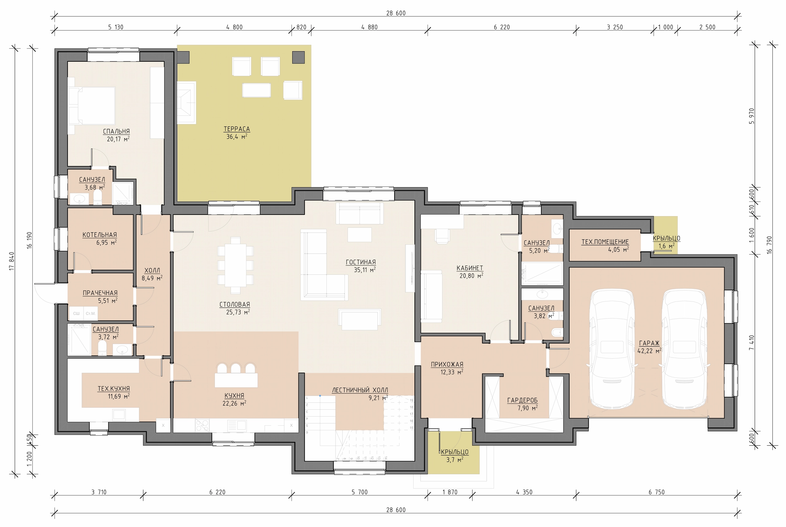 Планировка первого этажа дома 478 м² с гаражом на две машины, кабинетом и террасой