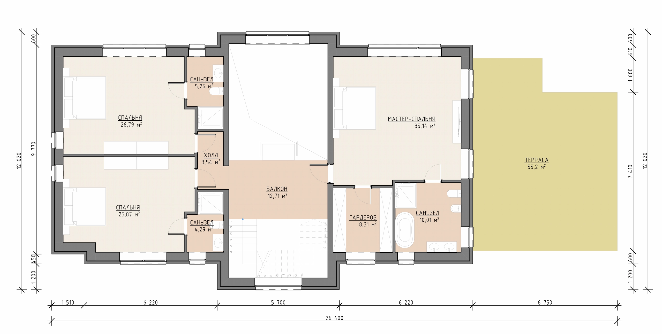 Планировка второго этажа дома 478 м² с мастер-спальней, тремя спальнями и большой террасой
