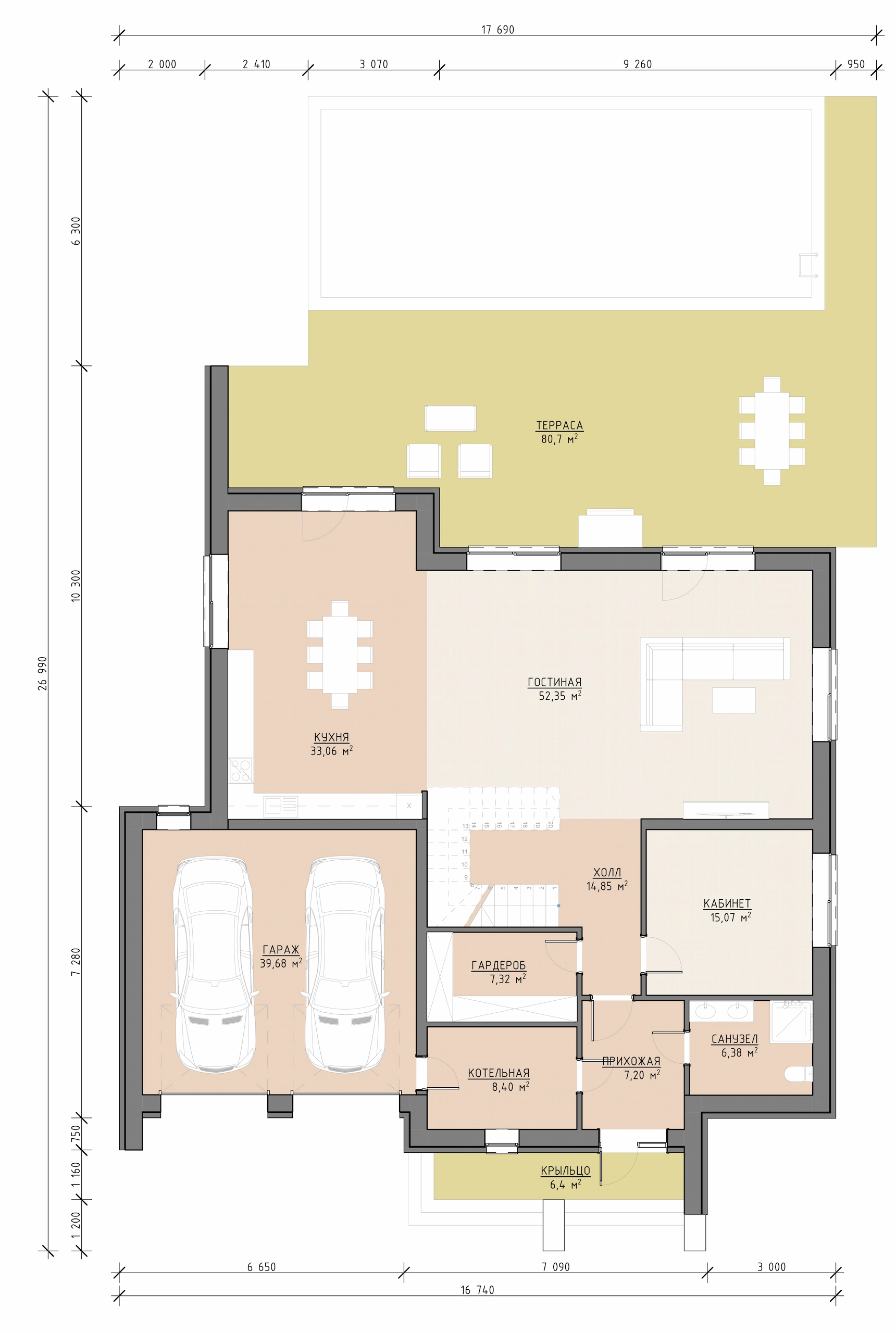 Планировка первого этажа дома 524 м² с гаражом, кухней-гостиной, кабинетом и террасой