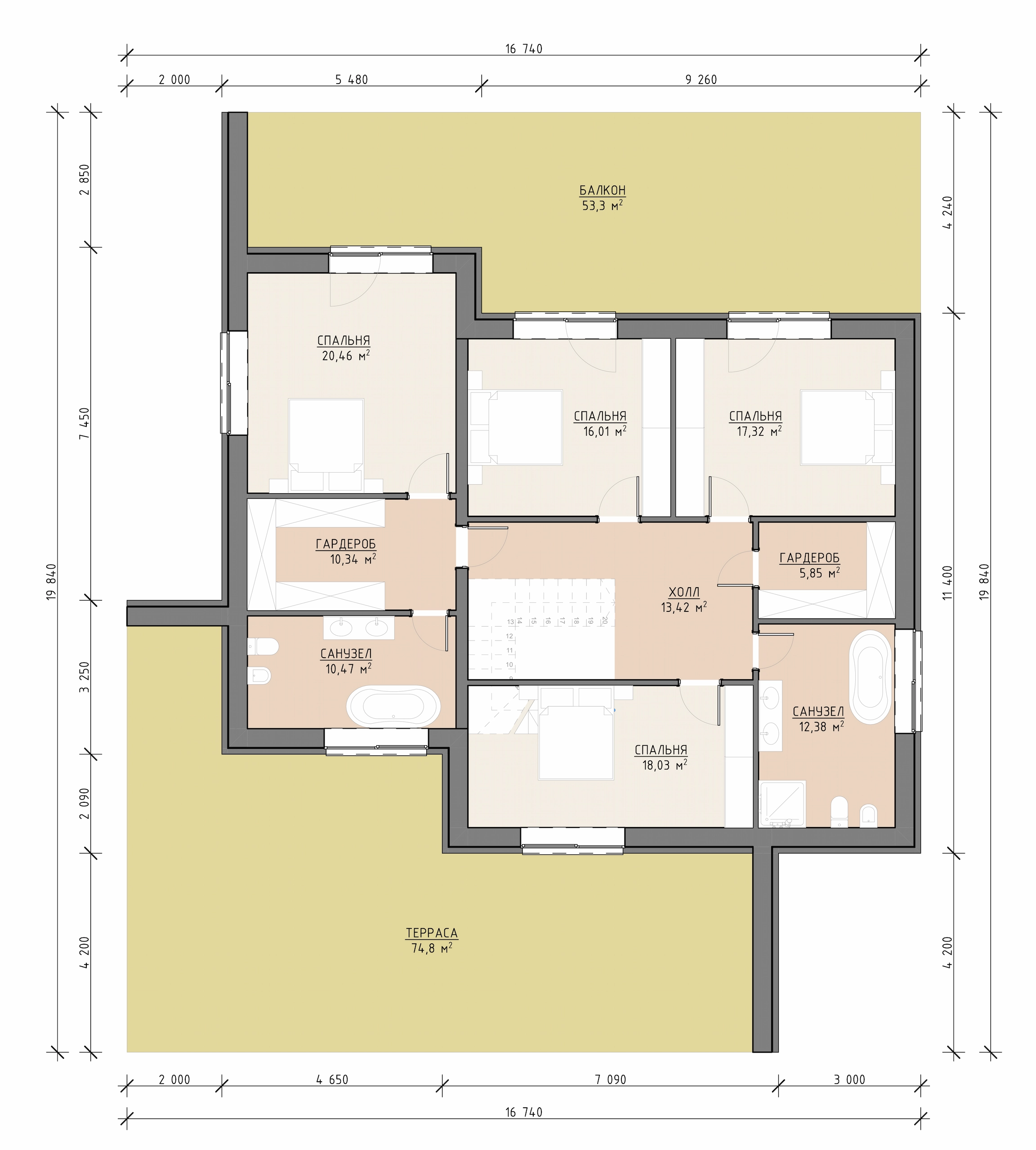 Планировка второго этажа дома 524 м² со спальнями, санузлами и гардеробными