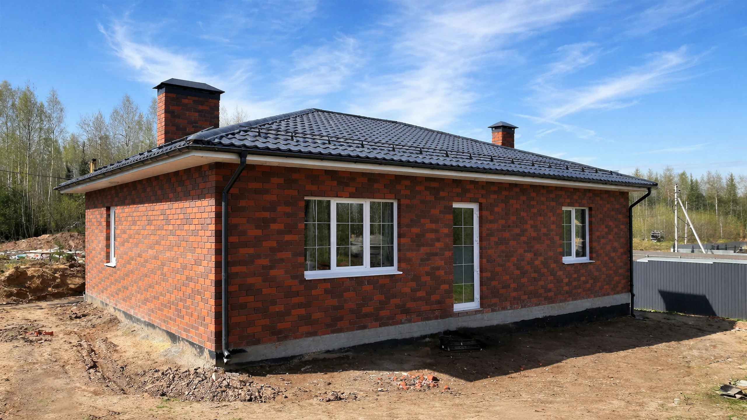 Боковой фасад одноэтажного дома 92 м² с красной кирпичной кладкой, белыми окнами и темной кровлей