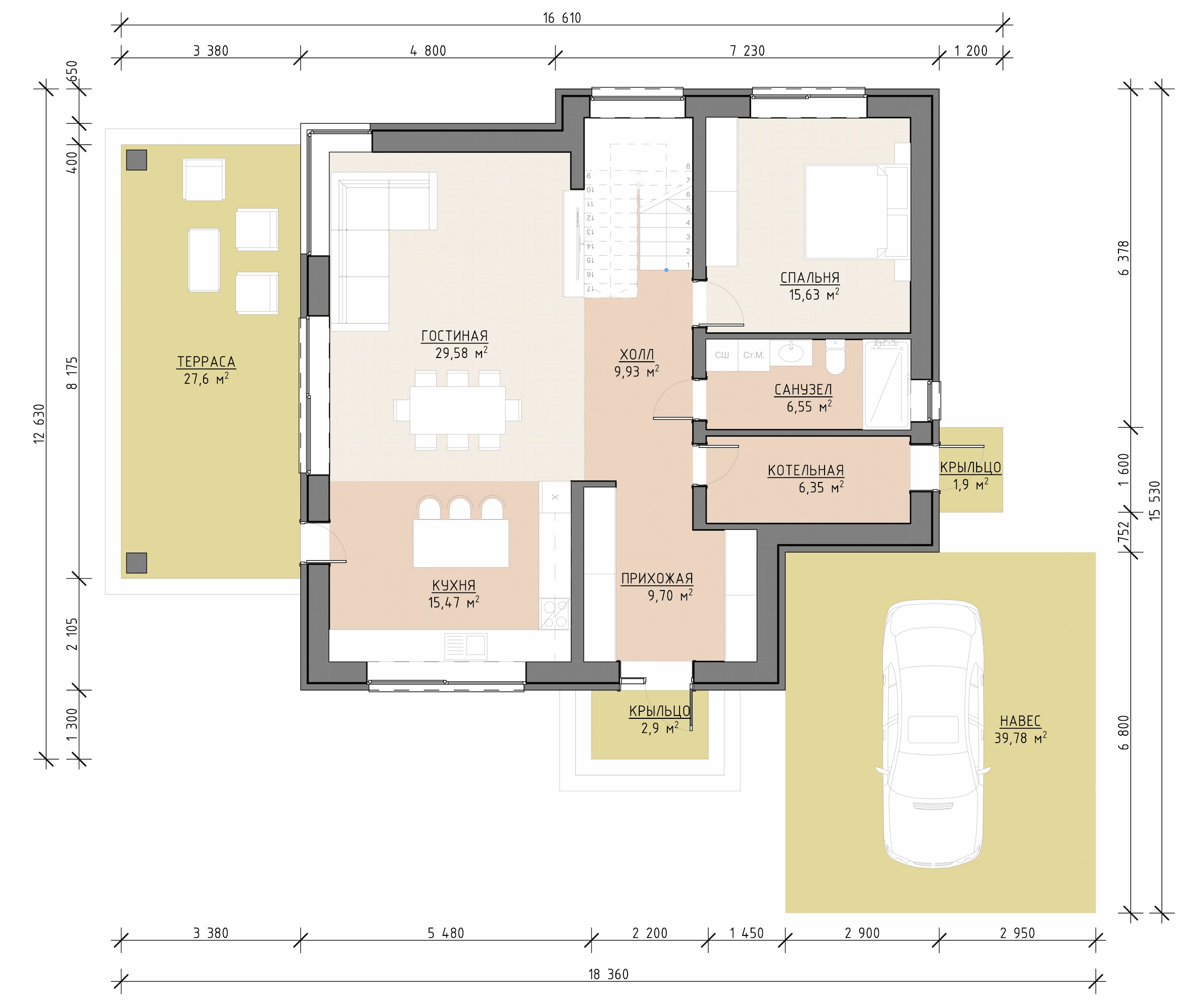 Планировка первого этажа дома 289 м² с террасой, навесом для машины и спальней
