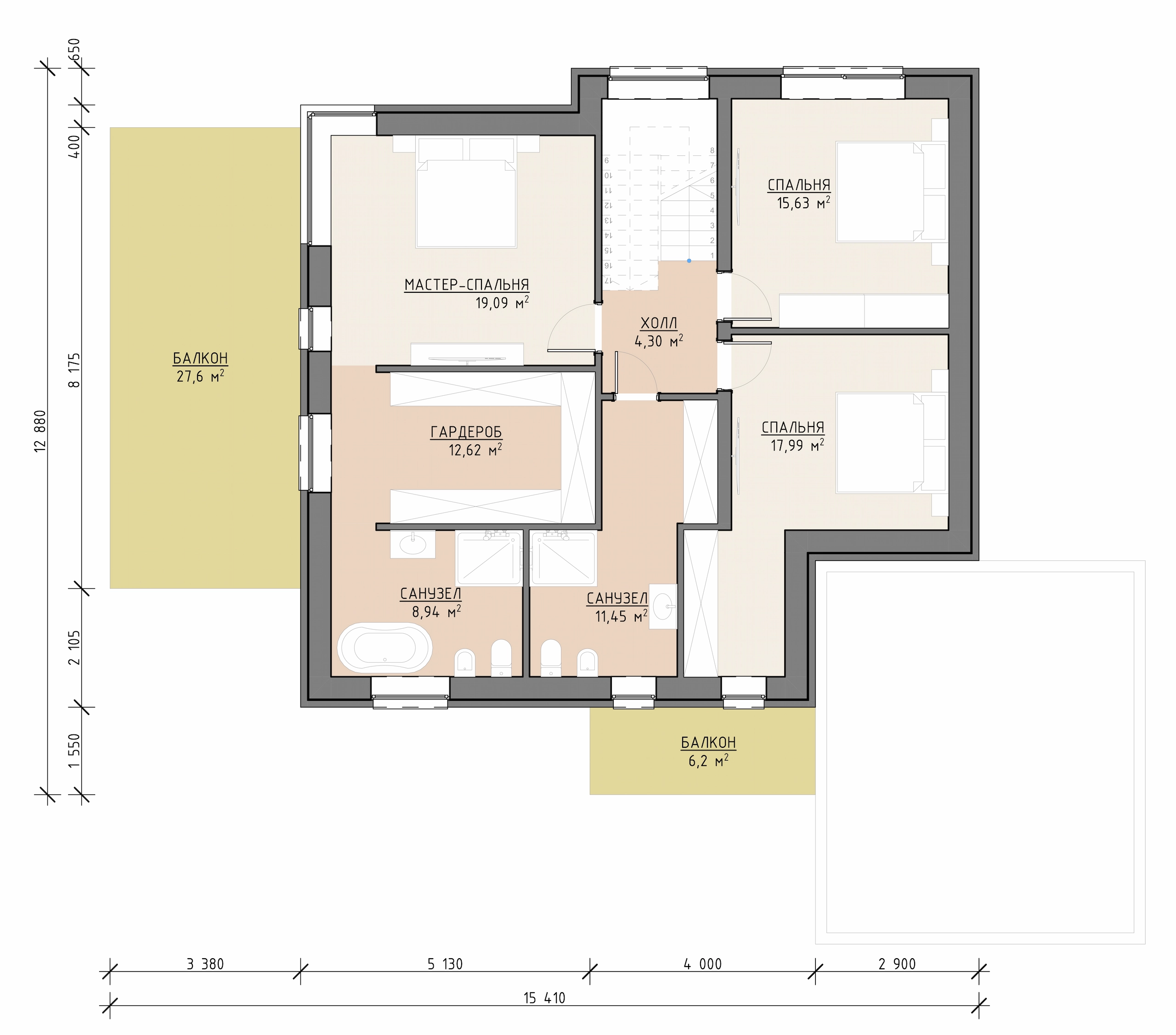 Планировка второго этажа дома 289 м² с мастер-спальней, двумя спальнями и балконами