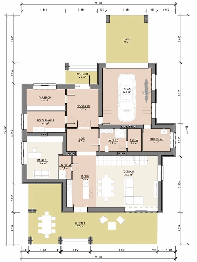 Планировка первого этажа дома 365 м² с гаражом, навесом, сауной, кабинетом и террасой