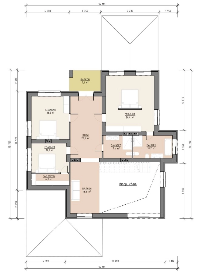 Планировка второго этажа дома 365 м² со спальнями, балконами и зоной второго света