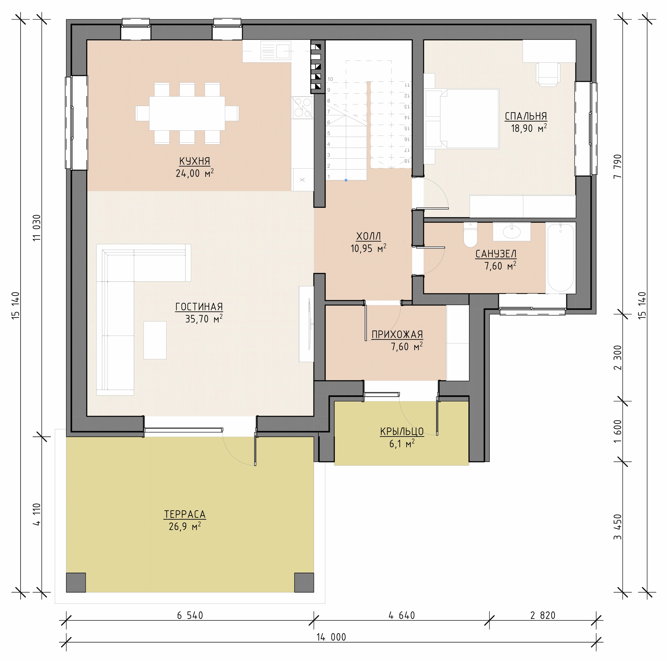 Планировка первого этажа дома 273 м² с кухней-гостиной, спальней, санузлами и террасой