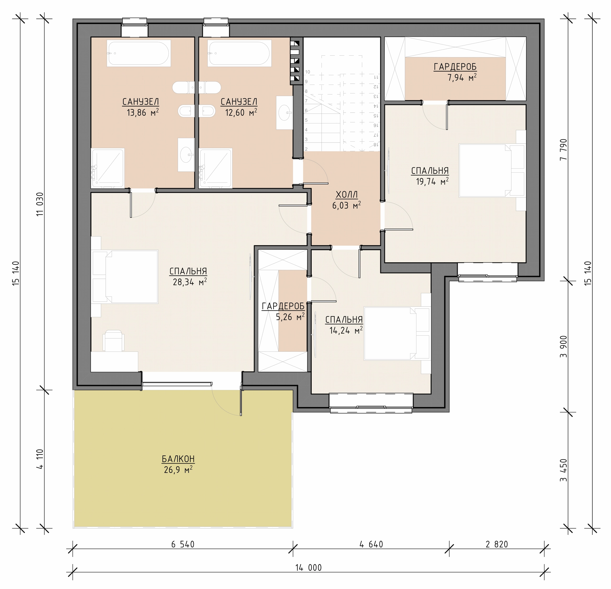 Планировка второго этажа дома 273 м² с тремя спальнями, санузлами и лоджией
