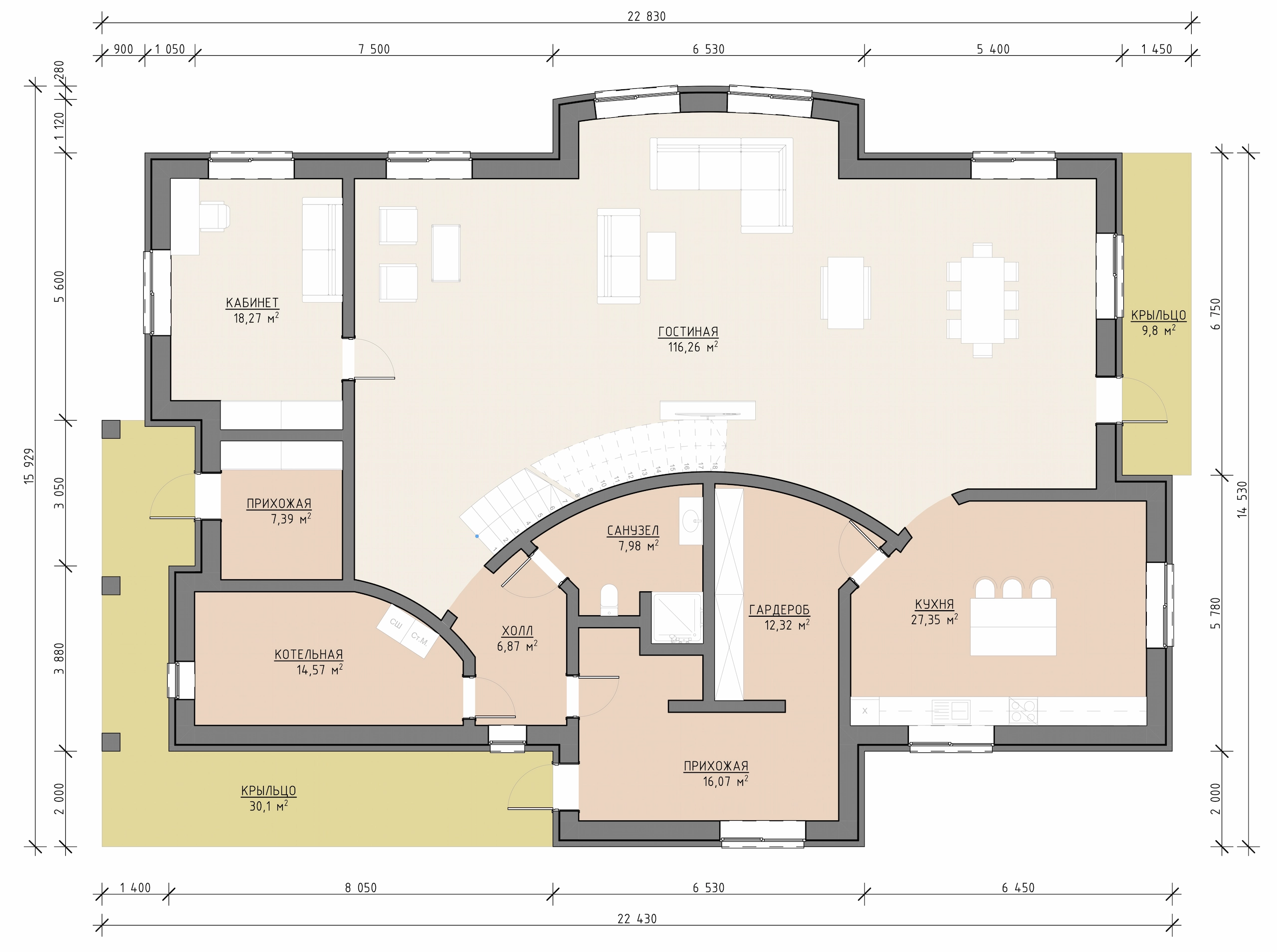 Планировка первого этажа дома 499 м² с кухней-гостиной, кабинетом, санузлом и подсобными помещениями