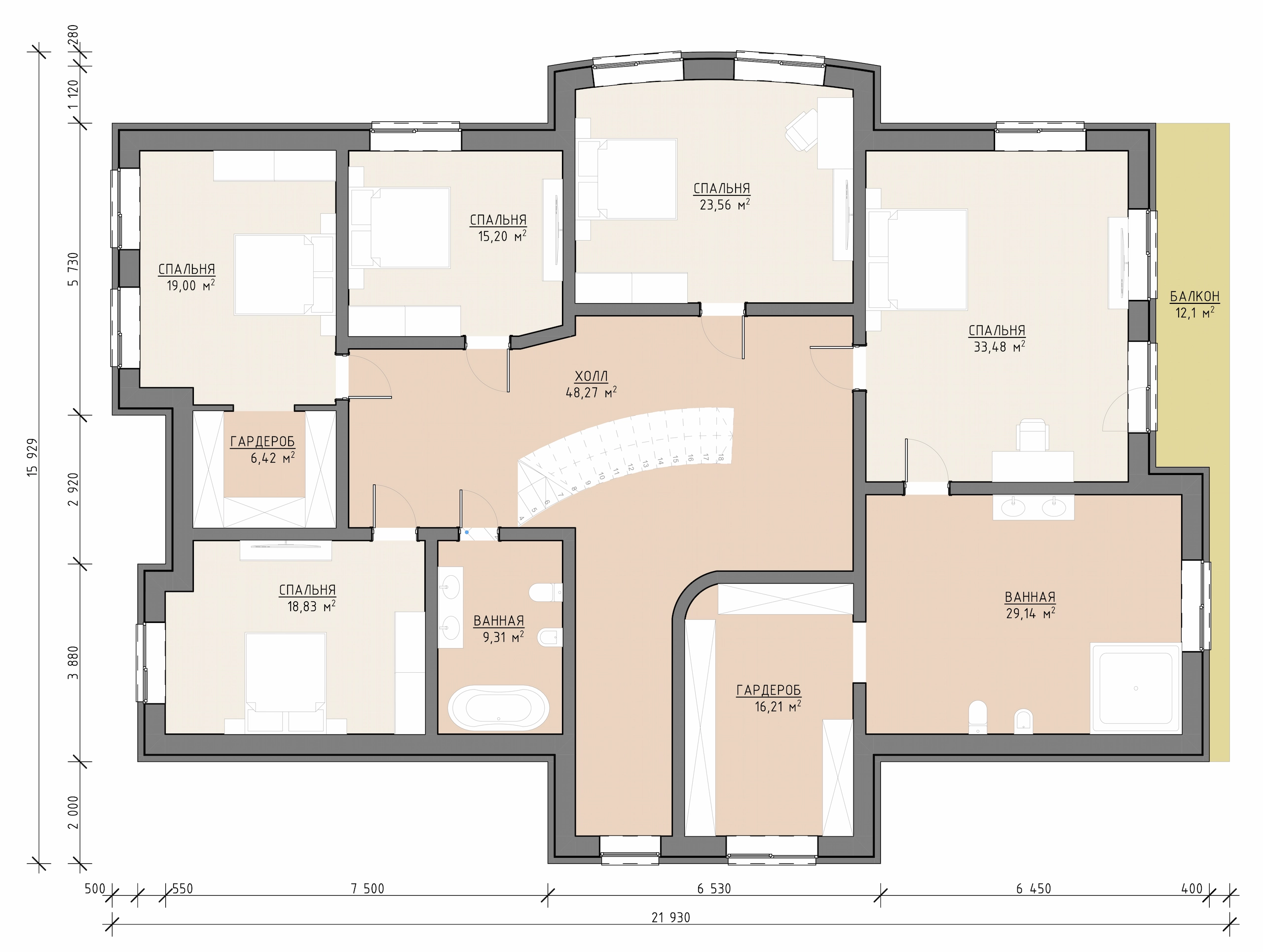 Планировка второго этажа дома 499 м² со спальнями, санузлами, гардеробными и балконом