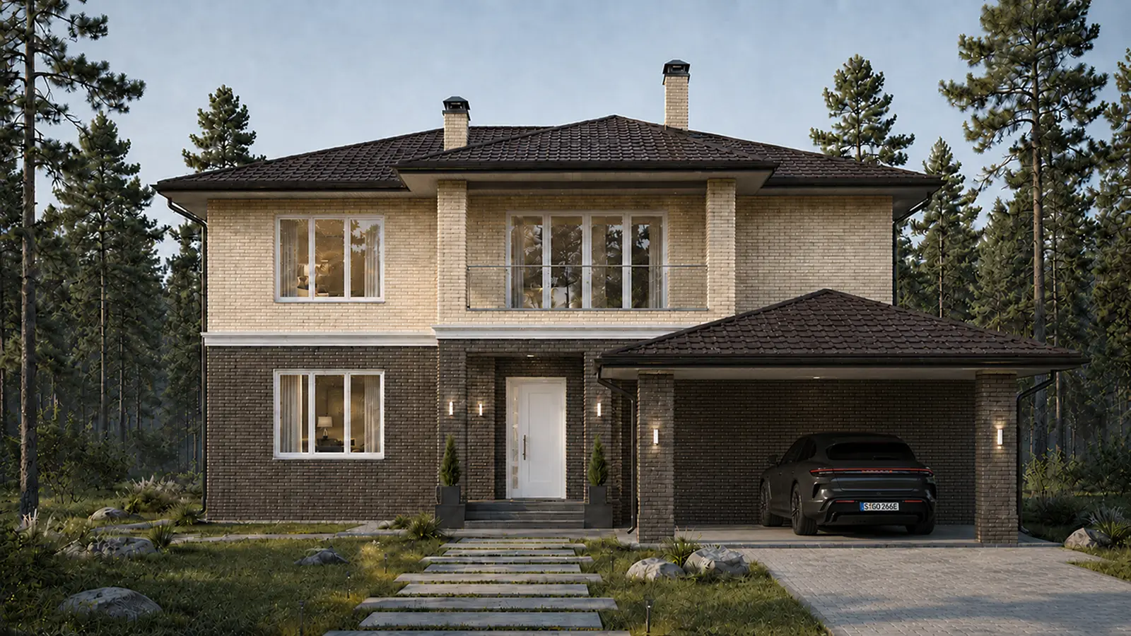 Проект двухэтажного кирпичного дома 416 м² с вальмовой кровлей и навесом