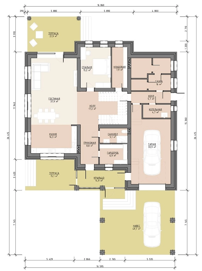Планировка первого этажа двухэтажного дома 416 м² с кухней-гостиной, террасой, санузлом, гаражом и хозяйственными помещениями