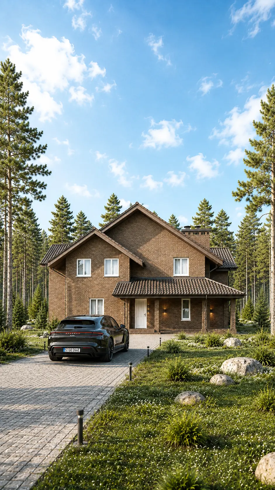 Проект двухэтажного кирпичного дома Михайлов 499 м² с двускатной кровлей