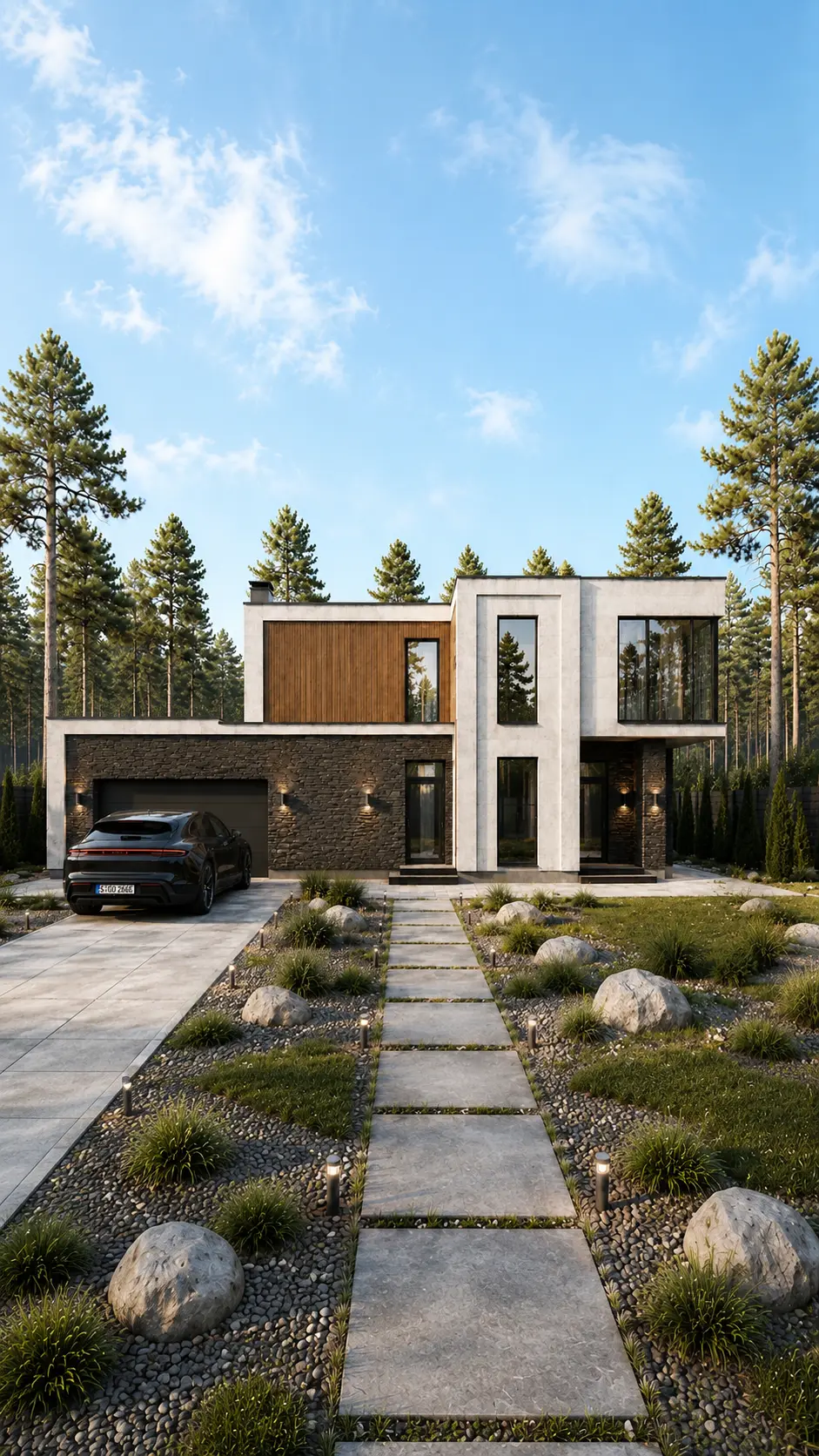 Проект двухэтажного дома Посохин 429 м² с гаражом и плоской кровлей