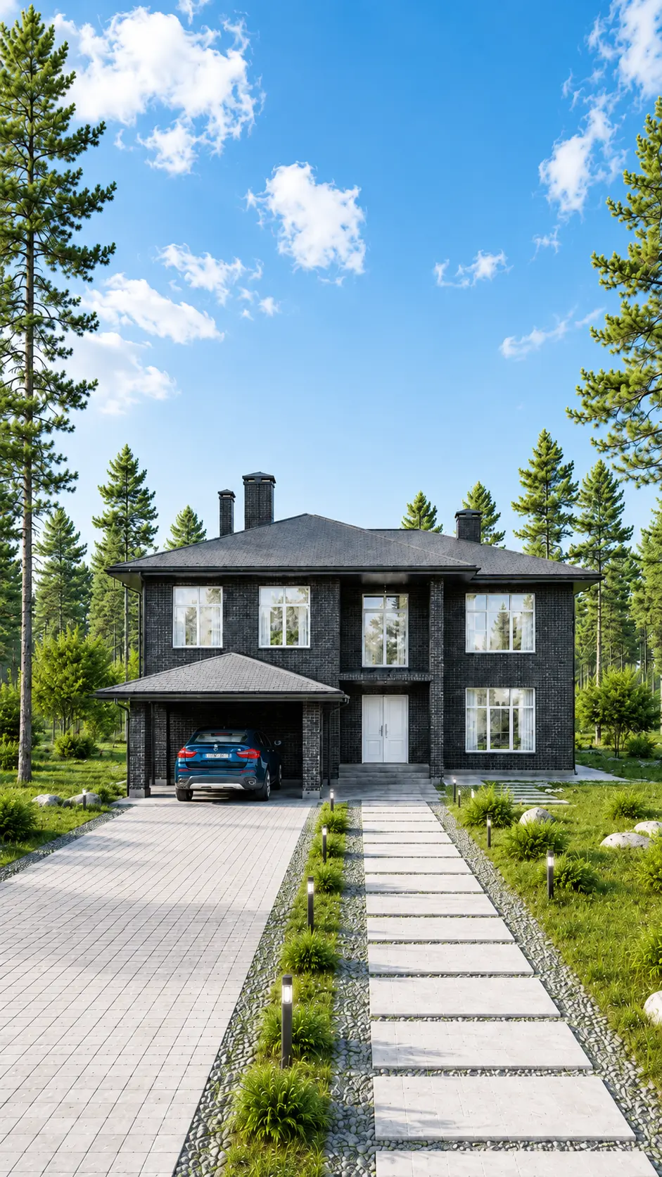 Проект двухэтажного дома Скуратов 365 м² с навесом и вальмовой кровлей