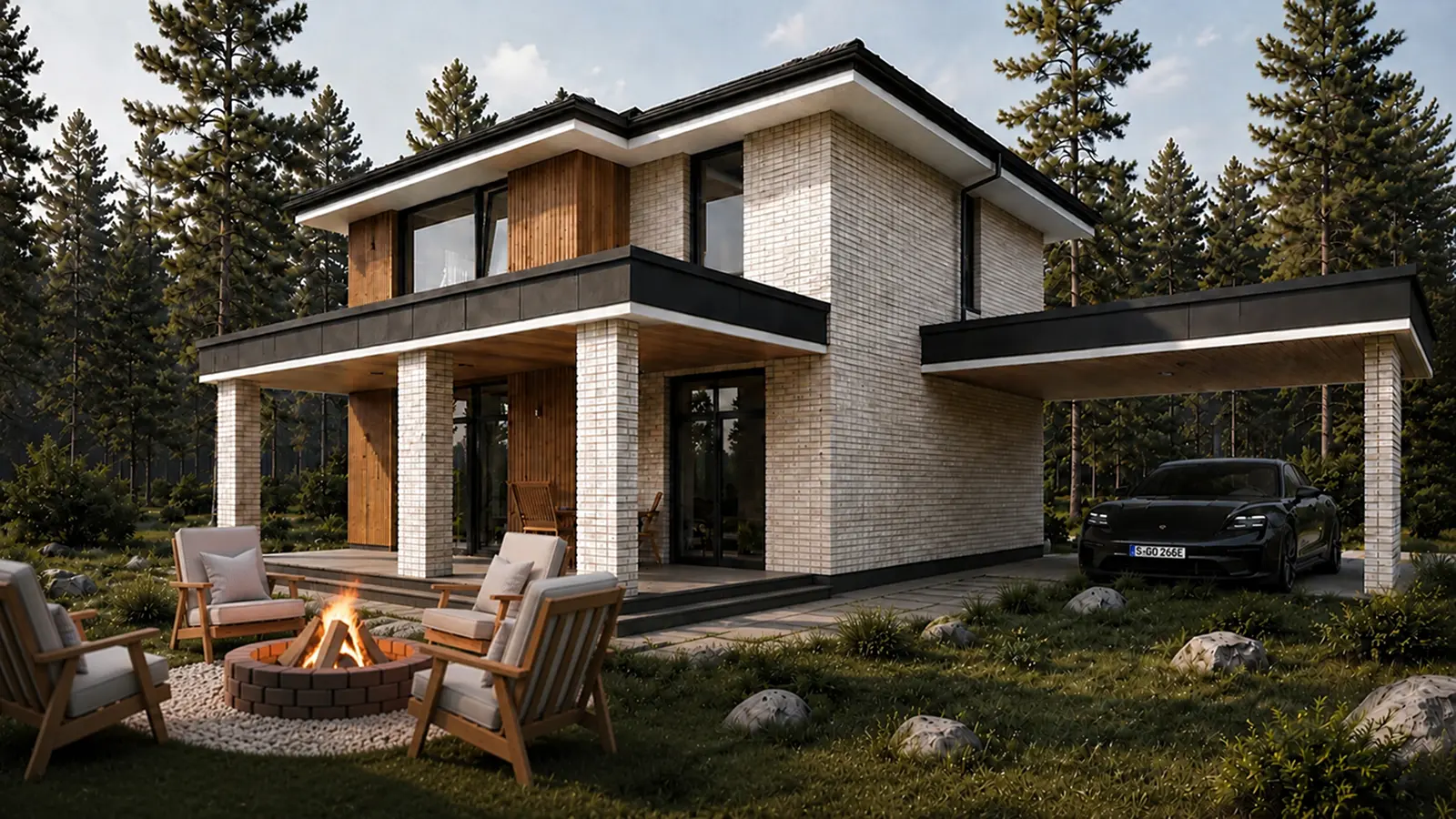 3D-визуализация дома Плоткин 185 м²: дворовый фасад с остеклением и террасой