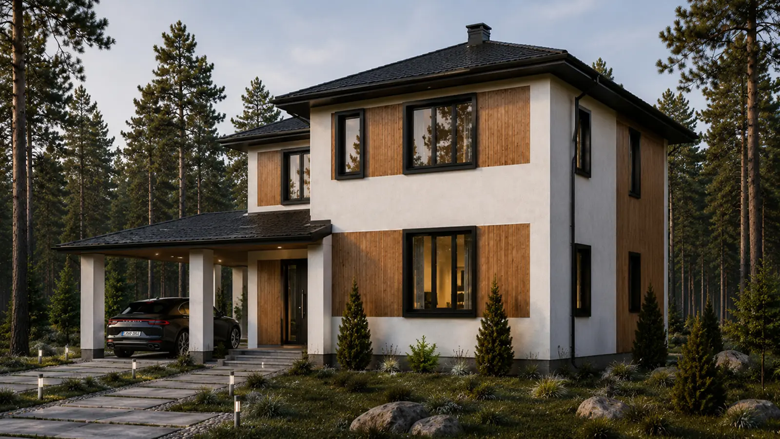3D-визуализация дома Клейн 250 м²: боковой ракурс с террасой